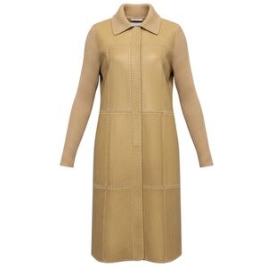 MARNI TAN LEATHER AND KNIT MID LENGTH COAT